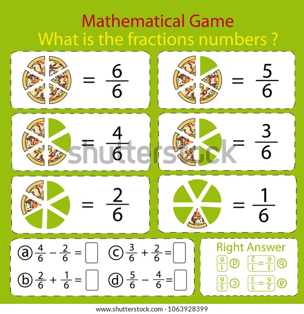 Mathematical educational tasks for kids.\
Study the fractions numbers. Children funny riddle entertainment\
with five parts pizza. Math count. Sheet right answer. Activity\
game. Vector\
illustration.