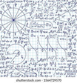 Mathematical educational vector seamless background with handwritten formulas, figures, calculations on a grid copybook paper