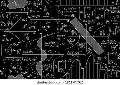 Mathematical educational vector seamless background with handwritten formulas, equations and plots