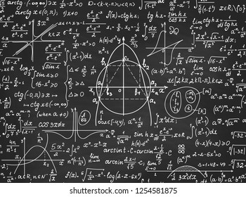 Mathematical educational vector seamless pattern with handwritten geometry figures, algebra calculations and equations, "handwritten with chalk on a grey blackboard"