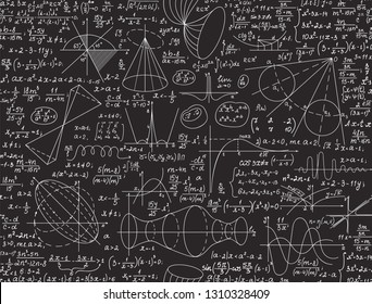 Mathematical educational vector seamless pattern with handwritten figures, algebra calculations and equations, "handwritten with chalk on a grey blackboard"