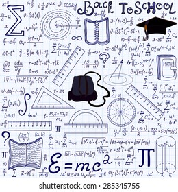 Mathematical educational vector seamless pattern with geometry figures, plots, equations, words "Back to school", and other school tools, "handwritten on the grid copybook paper". Endless math texture