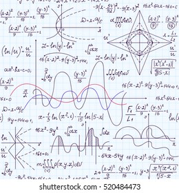 Mathematical educational vector seamless pattern with equations, formulas, calculations, figures and multicolored plots, handwritten on grid copybook paper