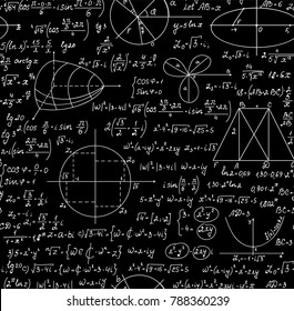 Mathematical educational vector seamless pattern with handwritten figures, equations, and calculations, "handwritten formulas on blackboard" effect