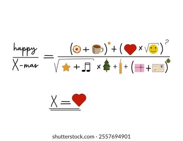 The mathematical equation of love or happiness. An algebraic fraction of cookies, tea, Christmas tree, candle, tree toy, heart. A fun holiday metaphor. Vector illustration can be used as a print 