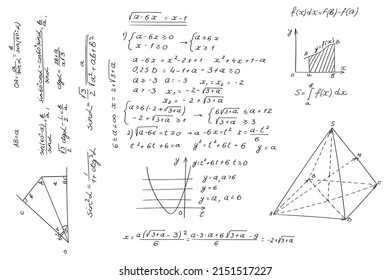 Mathematical equations, arithmetic calculations, graphs, symbols,  proof and scientific research in the field of algebra and geometry. Vector background