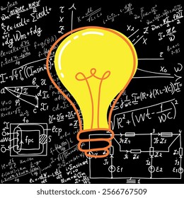 Mathematical equations and formulas around the light bulb on gray background - vector illustration. Science. Doodle. 