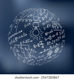 Mathematical equations and formulas around the light bulb on gray background - vector illustration. Science. Doodle. 