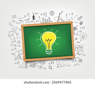 Mathematical equations and formulas around the light bulb on gray background - vector illustration. Science. Doodle. 