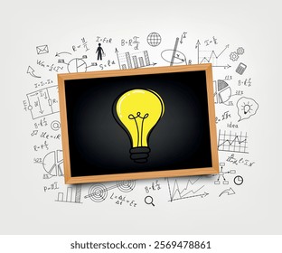 Mathematical equations and formulas around the light bulb on gray background - vector illustration. Science. Doodle. 