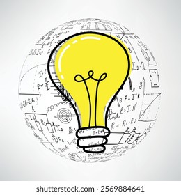 Mathematical equations and formulas around the light bulb on gray background - vector illustration. Science. Doodle. 