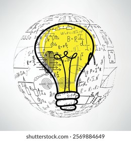 Mathematical equations and formulas around the light bulb on gray background - vector illustration. Science. Doodle. 