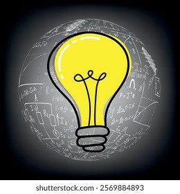 Mathematical equations and formulas around the light bulb on gray background - vector illustration. Science. Doodle. 