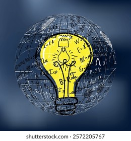 Mathematical equations and formulas around the light bulb on gray background - vector illustration. Science. Doodle. 