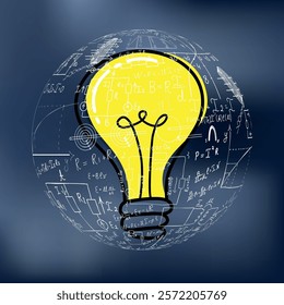 Mathematical equations and formulas around the light bulb on gray background - vector illustration. Science. Doodle. 