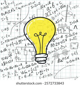 Mathematical equations and formulas around the light bulb on white background - vector illustration. Science. Doodle. 