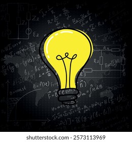 Mathematical equations and formulas around the light bulb on white background - vector illustration. Science. Doodle. 