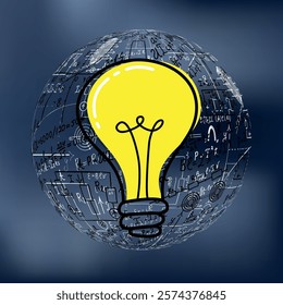 Mathematical equations and formulas around the light bulb on gray background - vector illustration. Science. Doodle. 