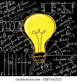 Mathematical equations and formulas around the light bulb on gray background - vector illustration. Science. Doodle. 