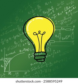 Mathematical equations and formulas around the light bulb on white background - vector illustration. Science. Doodle. 