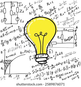 Mathematical equations and formulas around the light bulb on white background - vector illustration. Science. Doodle. 