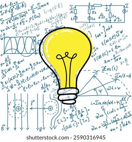 Mathematical equations and formulas around the light bulb on white background - vector illustration. Science. Doodle. 