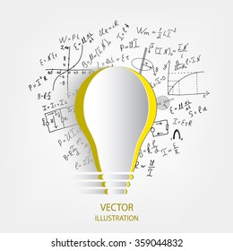 Mathematical equations and formulas around the light bulb on white background - vector illustration. Science. Doodle. 