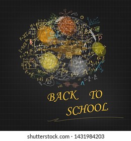 Mathematical equations and formulas in circle frame. Hand-drawn diagrams and graphs isolated on white background. Colorful. Science. Doodle. Physics. Vector Illustration. Back to school. Handwriting.