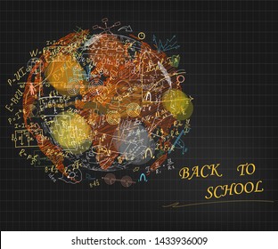 Mathematical equations and formulas in circle frame. Hand-drawn diagrams and graphs isolated on black background. Colorful. Science. Doodle. Physics. Vector Illustration. Back to school. Handwriting.