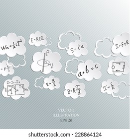 Mathematical equations and formulas in the clouds. Vector illustration