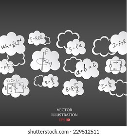 Mathematical equations and formulas in the clouds. Vector illustration