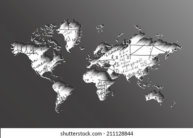 Mathematical equations and formulas on the background of the world map - illustration