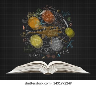 Mathematical equations and formulas on open book. Globe. Hand-drawn diagrams and graphs isolated on white background. Science. Doodle. Physics. Vector Illustration. Handwriting. Colorful
