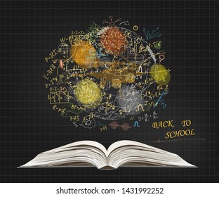 Mathematical equations and formulas on open book. Globe. Hand-drawn diagrams and graphs isolated on white background. Science. Doodle. Physics. Vector Illustration. Handwriting. Colorful