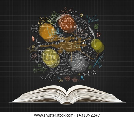 Mathematical equations and formulas on open book. Globe. Hand-drawn diagrams and graphs isolated on white background. Science. Doodle. Physics. Vector Illustration. Handwriting. Colorful