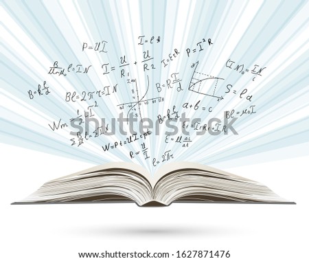 Mathematical equations and formulas on open book. Education. Hand-drawn diagrams and graphs isolated on white background. Science. Doodle. Physics. Vector Illustration. Handwriting. 