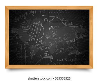 Mathematical equations and formulas on school blackboard. Vector illustration