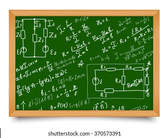 Mathematical equations and formulas on school blackboard. Vector illustration. Doodle