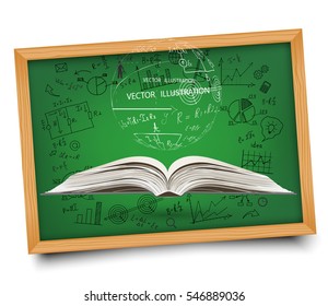 Mathematical equations and formulas on school blackboard. Vector illustration. Doodle