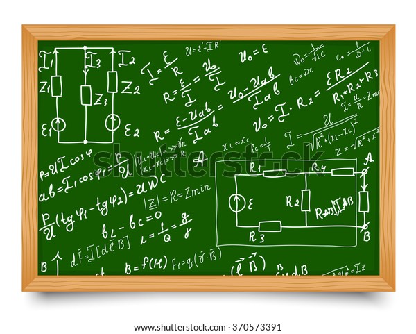 Mathematical equations and formulas on school\
blackboard. Vector illustration.\
Doodle