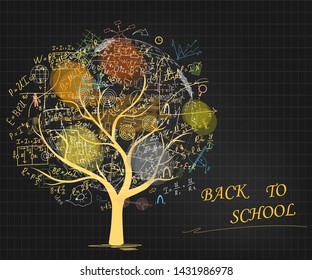 
Mathematical equations and formulas on the tree. Globe. Hand-drawn diagrams and graphs isolated on white background. Science. Doodle. Physics. Vector Illustration. Back to school. Handwriting.  Color
