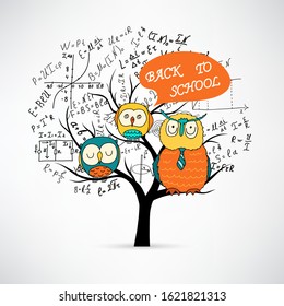 Mathematical equations and formulas on the tree. Back to school. A smart owl in a tie and two small, cute owls are sitting on a tree branch. Beautiful cartoon doodle. Vector illustration. 
