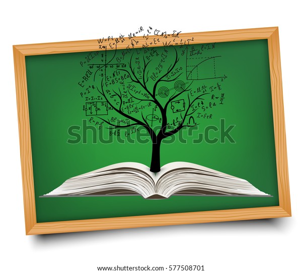 Mathematical equations and formulas on a tree\
above an open book. Mathematical equations and formulas on the\
school Board. Hand-drawn charts and graphs. Concept vector\
illustration. Doodle.\
Science