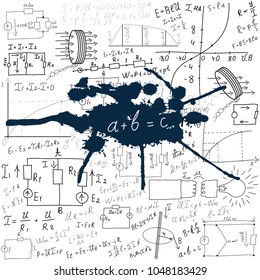 Mathematical equations and formulas on a white background. Hand-drawn diagrams and graphs. Background. Science. Doodle. Physics. Illustration. Modern design template. 