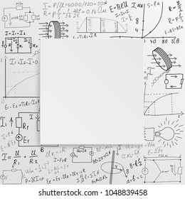 Mathematical equations and formulas on a white background. Hand-drawn diagrams and graphs. Background. Science. Doodle. Physics. Illustration. Modern design template.