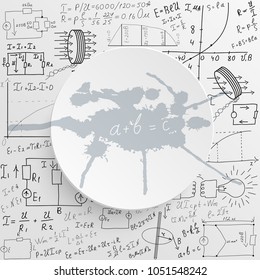 Mathematical equations and formulas on a white background. Hand-drawn diagrams and graphs. Background. Science. Doodle. Physics. Illustration. Modern design template.