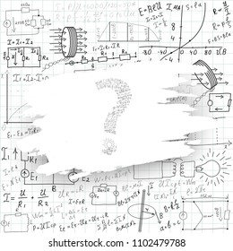 Ecuaciones y fórmulas matemáticas en un fondo blanco. Diagramas y gráficos dibujados a mano.El Consejo de la escuela.Marca de interrogación. Ciencia. Doodle. Física. Ilustración. Plantilla de diseño moderna. Escritura a mano.