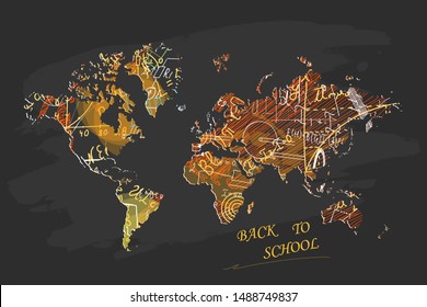 Mathematical equations and formulas on a world map background. Hand-drawn diagrams and graphs isolated on black background. Colorful. Science. Doodle. Physics. Vector Illustration. Back to school. 