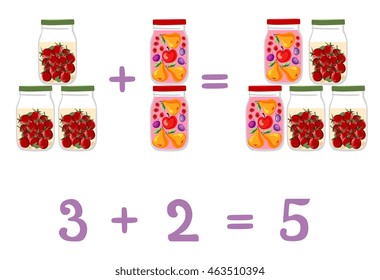 Mathematical examples in addition to fun glass jars. Vector illustration. Educational game for children. The numbers two, three, five. Fruit and berry compote and pickled tomatoes.