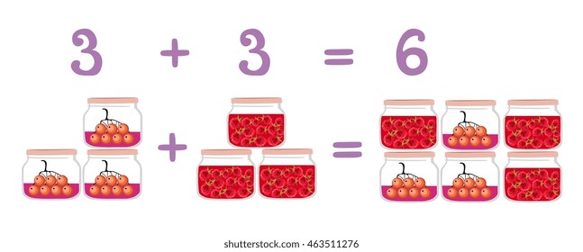 Mathematical examples in addition to fun glass jars. Vector illustration. Educational game for children. Numbers three and six. Rowan and raspberry jam.